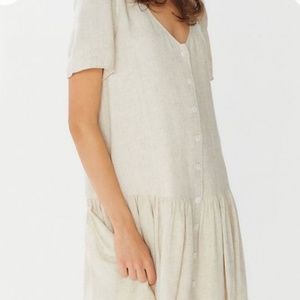 UO Houston Linen Button-Front Drop Waist Dress, Natural, Size Small